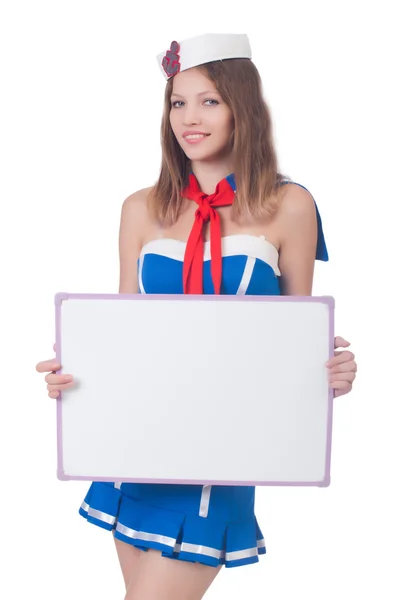 Mladá žena s prázdnou deskou na bílém — Stock fotografie