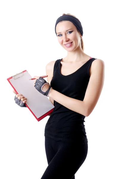 Young woman with notepad writing on white Stock Picture