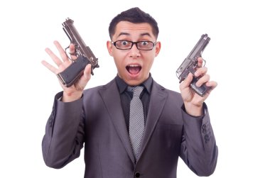 Beyaz silahlı komik iş adamı.