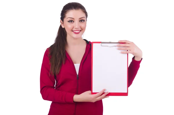 Junge Frau mit Notizblock auf weißem Papier — Stockfoto