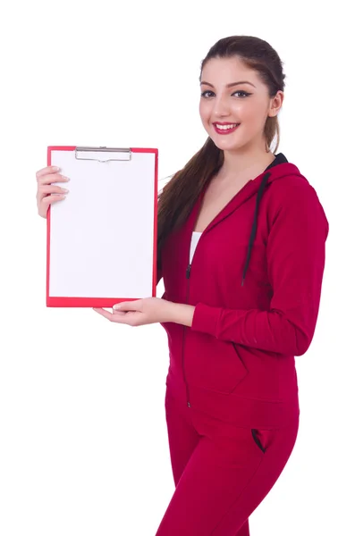 Young woman with notepad writing on white — Stock Photo, Image