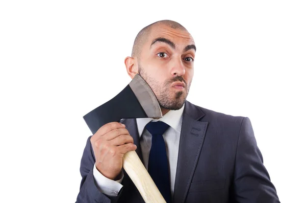 Funny businessman with axe — Stock Photo, Image
