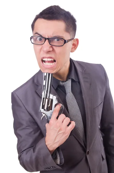 Divertido hombre de negocios con pistola en blanco — Foto de Stock