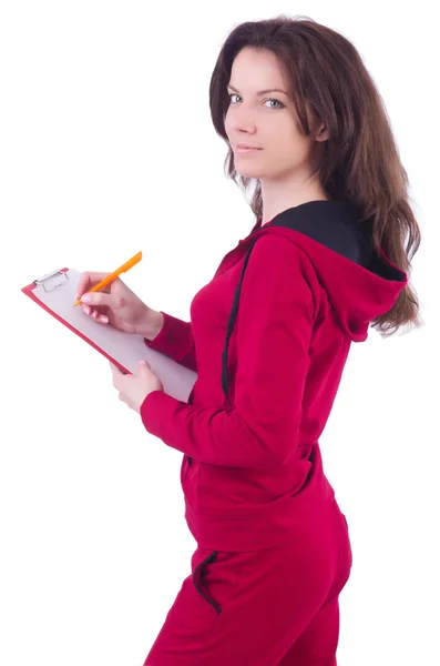 Jeune femme avec bloc-notes sur blanc — Photo