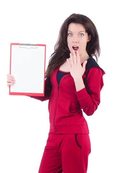 Young woman with notepad on white — Stock Photo, Image