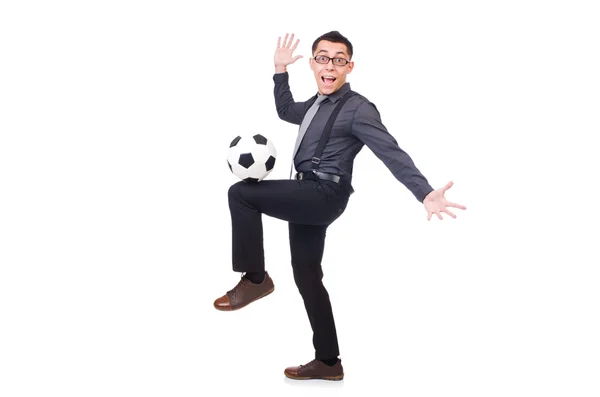 Homme drôle avec football isolé sur blanc — Photo