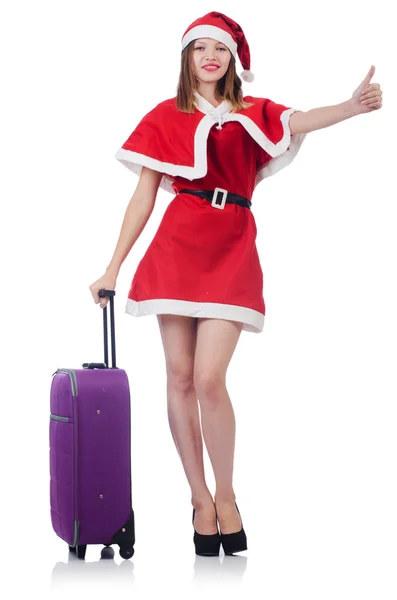 Junge Frau im roten Weihnachtsmannkostüm auf weißem Grund — Stockfoto