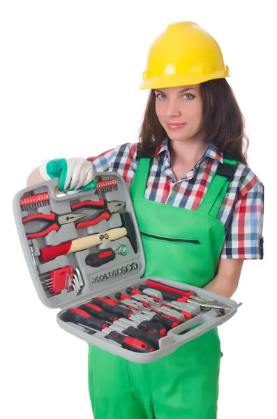 Jeune femme avec boîte à outils sur blanc — Photo