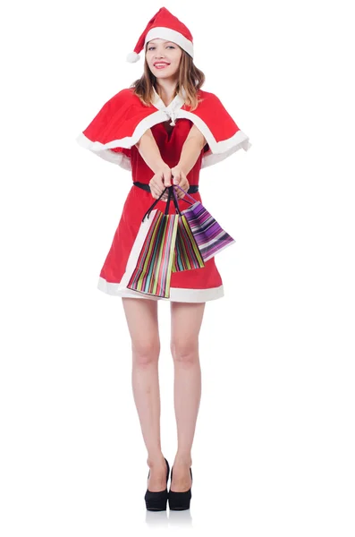 Young woman in red santa costume on white — Stock Photo, Image