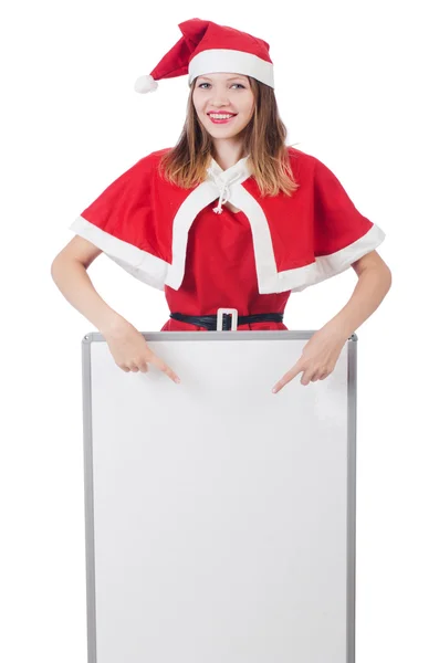 Jovem mulher no vermelho santa traje no branco — Fotografia de Stock