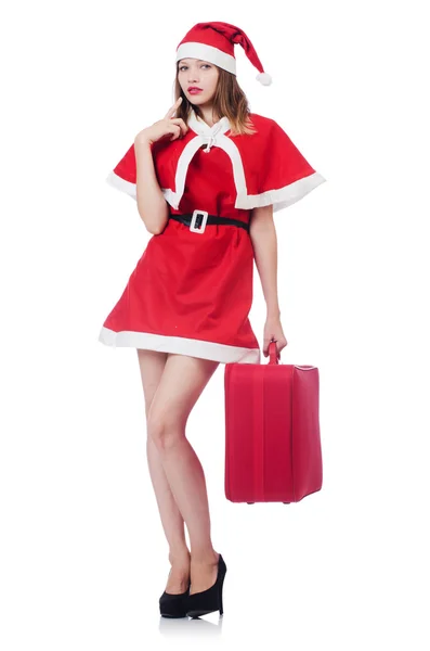 Mladá žena v červené santa kostým s kufrem — Stock fotografie