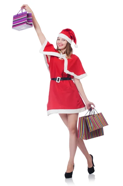 Giovane donna in costume da Babbo Natale rosso su bianco — Foto Stock