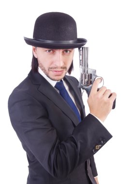 Silahlı bir adam beyazın üzerinde izole edilmiş.