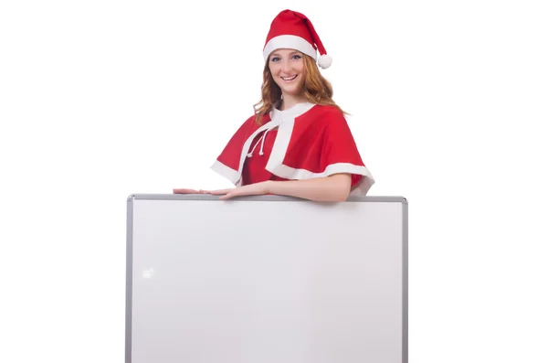 Mladá žena v červeném kostýmu Santa s prázdnou deskou — Stock fotografie