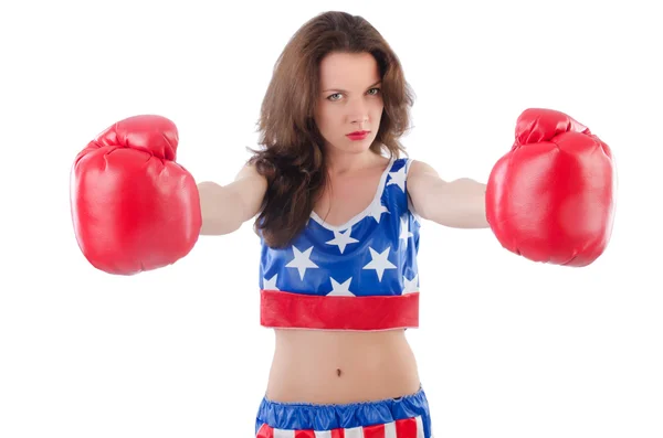 Vrouw bokser in uniform met Amerikaanse symbolen — Stockfoto