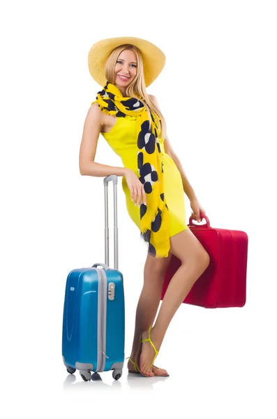 Girl with suitcases isolated on white — Stock Photo, Image