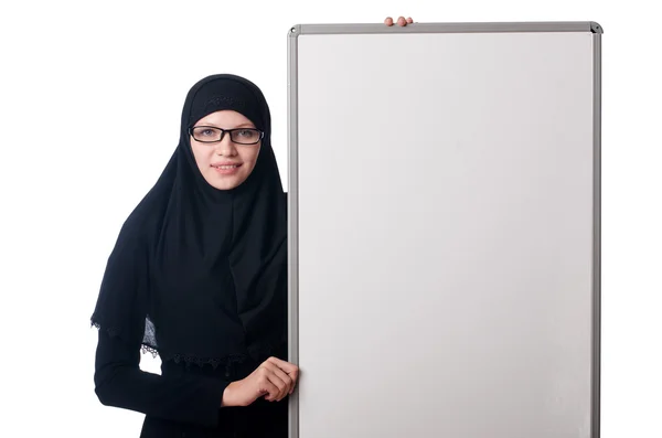 Muslimische Frau mit leerem Brett auf weißem Grund — Stockfoto