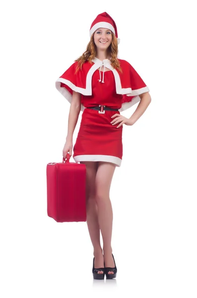 Giovane donna in costume da Babbo Natale rosso su bianco — Foto Stock