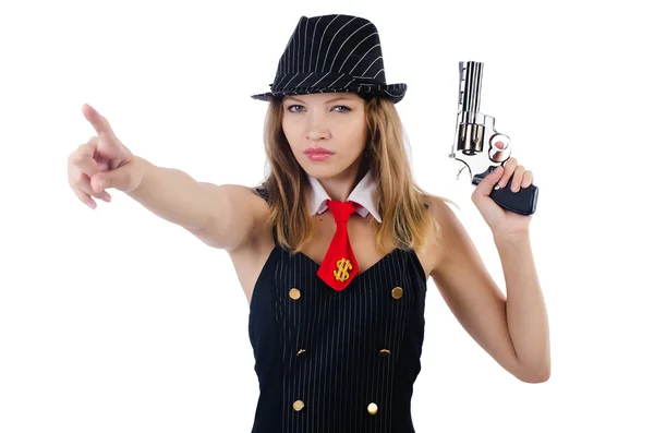 Женщина с пистолетом изолирована на белом — стоковое фото