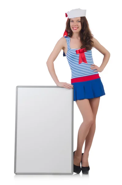 Young woman with blank board on white — Stock Photo, Image