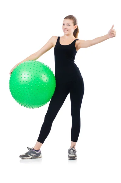 Mujer haciendo ejercicio con pelota suiza sobre blanco —  Fotos de Stock