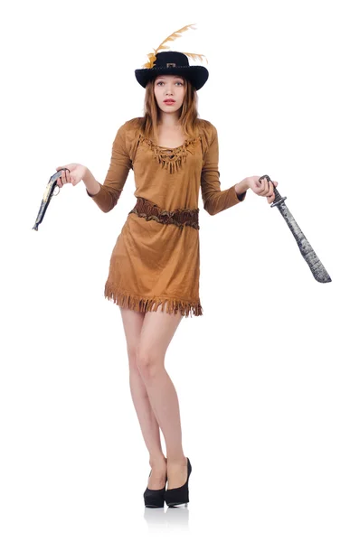 Woman pirate with knife isolated on white — Stock Photo, Image