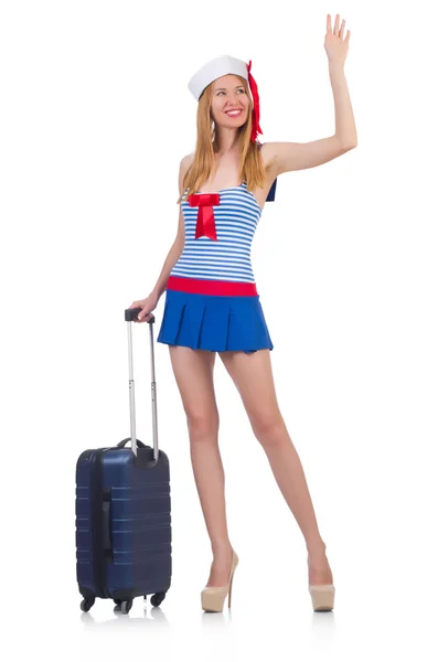 Beyaz valizli kadın seyahat görevlisi. — Stok fotoğraf