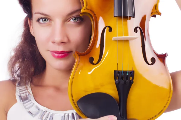 Молодая девушка со скрипкой на белом — стоковое фото