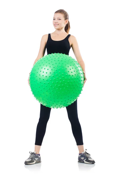 Woman exercising with swiss ball on white — Stock Photo, Image