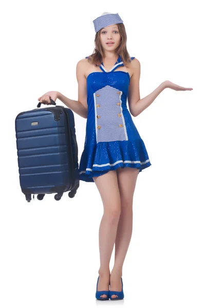 Woman travel attendant with suitcase on white — Stock Photo, Image