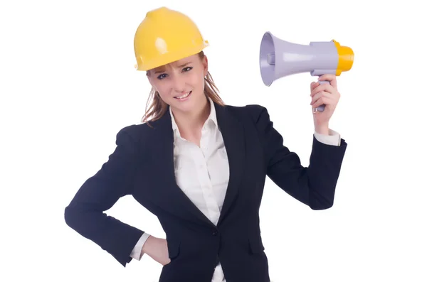 Jeune femme d'affaires avec casque dur sur blanc — Photo