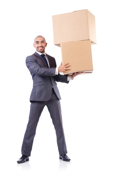 Businessman with box isolated on the white — Stock Photo, Image