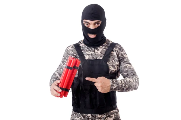 Soldier with dynamite isolated on white — Stock Photo, Image