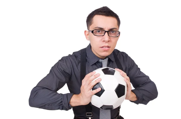 Engraçado homem com futebol isolado no branco — Fotografia de Stock