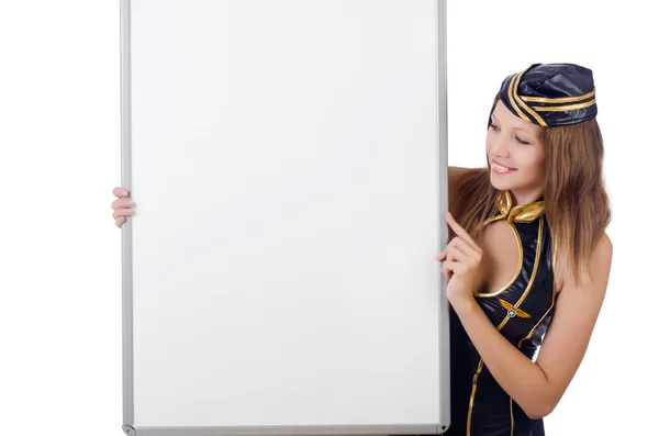 Mujer joven con tablero en blanco sobre blanco —  Fotos de Stock