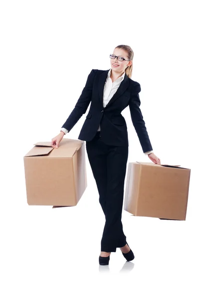 Woman businesswoman with boxes on white — Stock Photo, Image