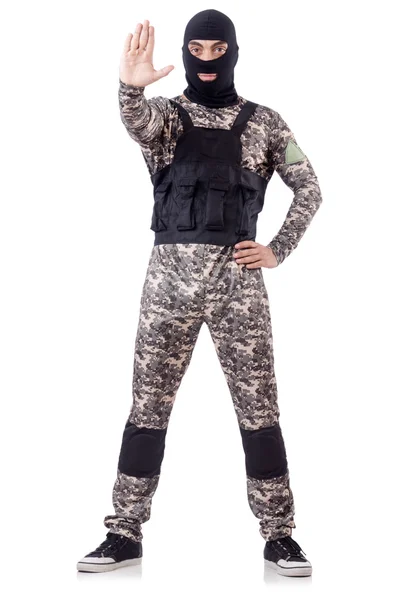 Soldado em camuflagem isolado em branco — Fotografia de Stock