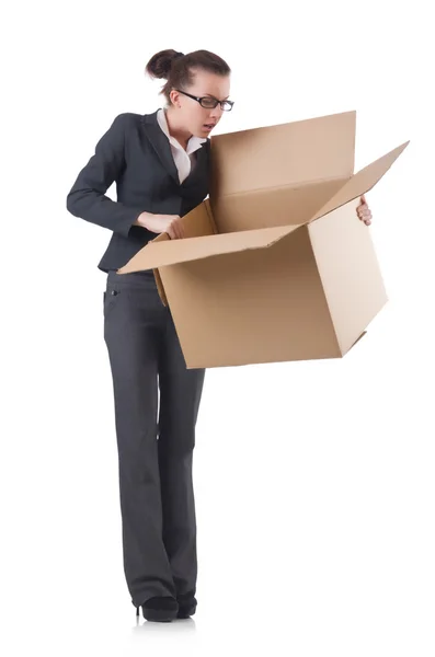 Woman businesswoman with boxes on white — Stock Photo, Image