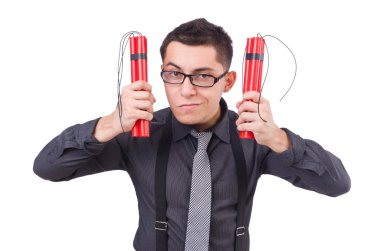 Dinamiti olan bir iş adamı beyazda izole edilmiş.