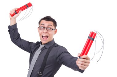 Dinamiti olan bir iş adamı beyazda izole edilmiş.