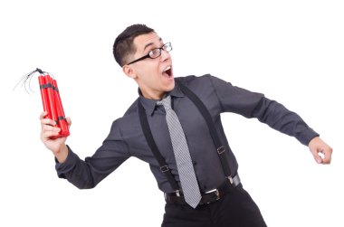 Dinamiti olan bir iş adamı beyazda izole edilmiş.