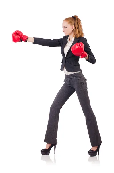 Mulher empresária com luvas de boxe em branco — Fotografia de Stock