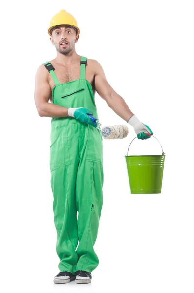 Painter in green coveralls on white — Stock Photo, Image