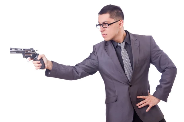 Divertido hombre de negocios con pistola en blanco — Foto de Stock