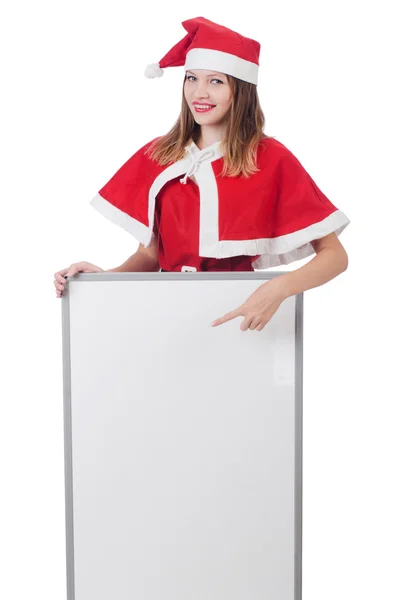 Jovem mulher no vermelho santa traje no branco — Fotografia de Stock