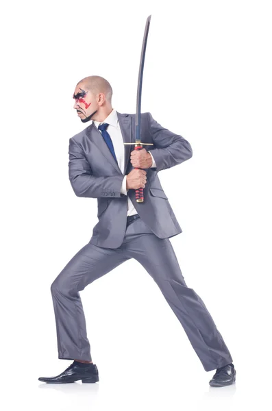 Empresário com espada isolada em branco — Fotografia de Stock