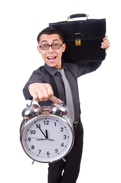 Divertido hombre de negocios con reloj aislado en blanco — Foto de Stock