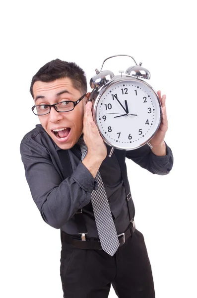 Funny businessman with clock isolated on white — Stock Photo, Image