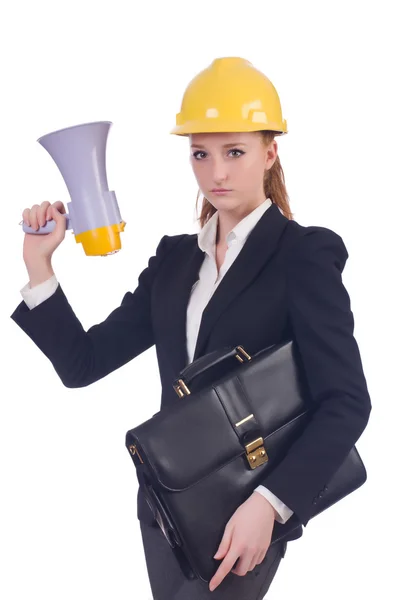 Giovane donna d'affari con cappello duro su bianco — Foto Stock