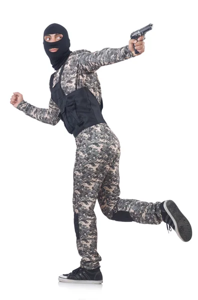 Soldado em camuflagem com arma sobre branco — Fotografia de Stock